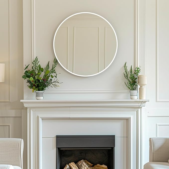 24 inch Circle Mirror White, Round Mirror, Matte White Metal Frame | Circular Decorative Wall Mounted Mirrors for Bathroom, Bedroom, Entryway, Living Room, Hallway, Over Sink, Vanity, Rustproof