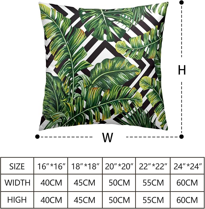 Set of 2 Tropical Green Leaves Pillow Covers Palm Tree Pillowcases Black and White with Geometric Decorative Throw Pillow Cover Kitchen Decor 22x22 Inch for Outdoors Car Couch