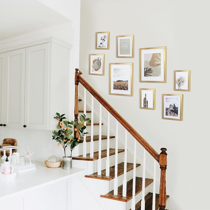 Gallery Wall Frame Set, 8 Pack Neutral Wall Decor, Gold, Large | Elegant Collage Picture Frames Wall Art for Living Room, Entryway, Stairway, Bedroom, Assorted Size