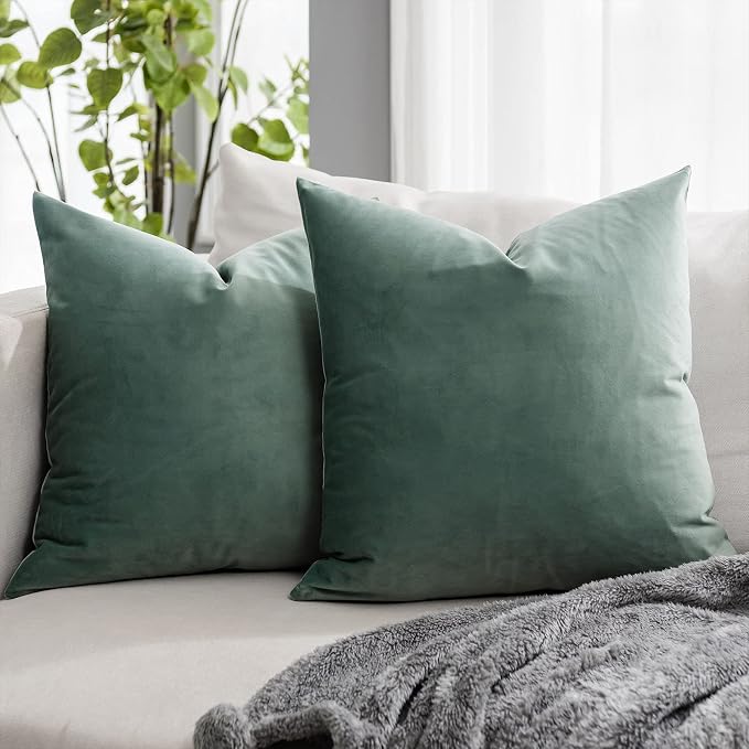 Sage Soft Velvet Throw Pillow Covers 24x24 inch Set of 2 for Sofa Couch Bed Living Room Decorative Luxury Solid Rectangle Cushion Covers Case with Zipper