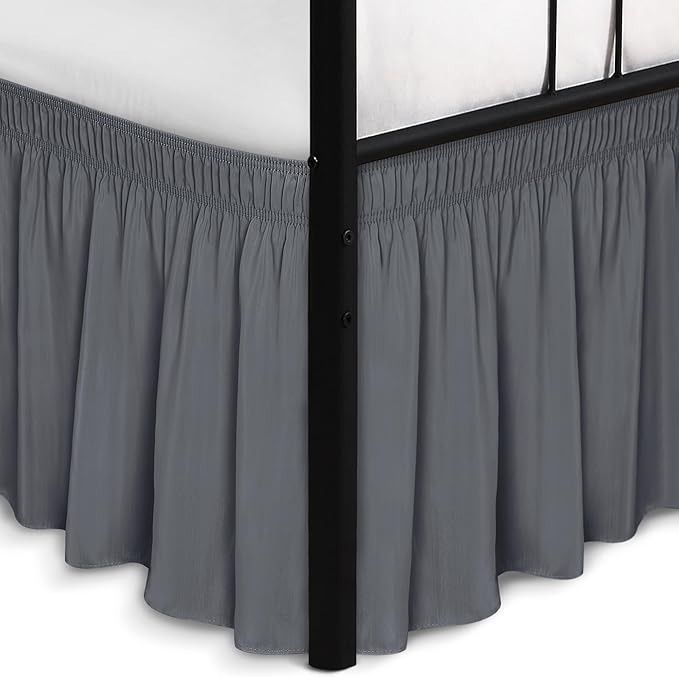 Wrap Around Full Size Bed Skirt Split Corners 17" Drop-Elastic Dust Ruffle | Dark Grey Adjustable Pleated Bedskirt-Easy Fit Wrinkle Resistant Washable Bed Skirting-Hotels Apartment Guest Bedroom Canopy