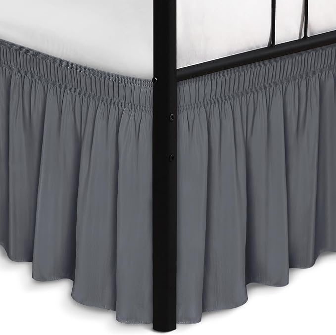 Wrap Around Queen Size Bed Skirt Split Corner 16" Drop-Elastic Dust Ruffle | Dark Grey Adjustable Pleated Bedskirt-Easy Fit Wrinkle Resistant Washable Bed Skirting-Master Guest Bedroom Rental Hotels
