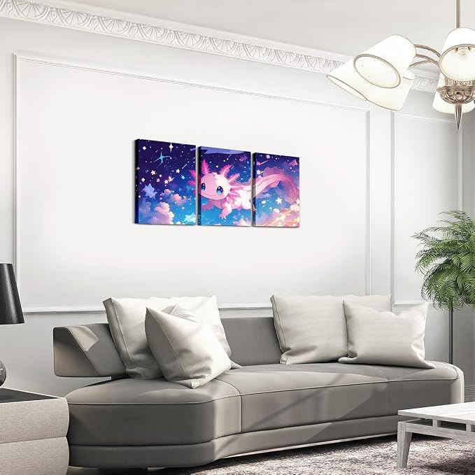 Feelyou Kids Cute Axolotl Wall Painting Posters and Prints Galaxy Canvas Wall Art for Living Room Bedroom Cartoon Salamander Picture Wall Decor Boys Girls Sealife Bathroom Wall Art 12"x16"x 3Pcs