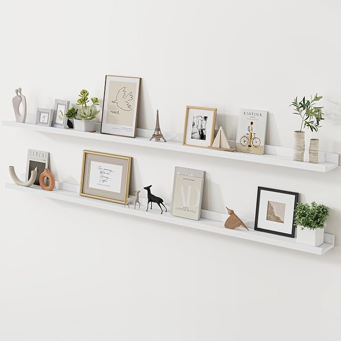 Acovy Long Floating Shelves for Wall, 72 inch Solid Wood Picture Ledge Shelf, Picture Shelf for Wall with Ledge, Floating Book Shelves for Living Room Bedroom Kitchen Nursery Decor, White, Set of 2