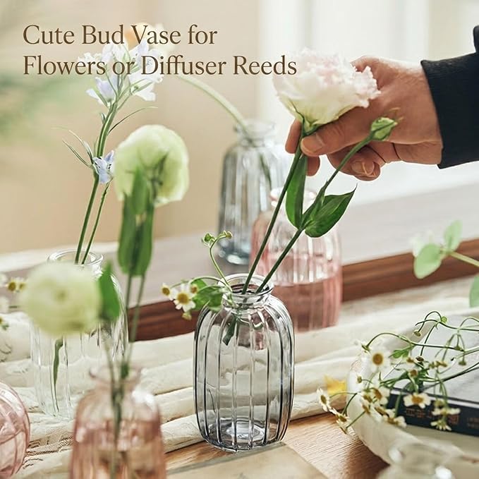 Glass Bud Vases Set of 3, Small Flower Vases in Bulk, Mini Ribbed Vases for Centerpieces, Clear Vintage Vase for Table Decorations, Wedding, Party, Receptions, Home Decor (Clear)