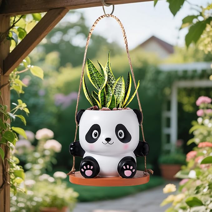 Swing Panda Hanging Planters for Indoor Plants, Cute Succulent Pots with Drainage Hole, Small Hanging Flower Pots Outdoor, Panda Gifts for Plant Lovers (Girl-Pink)