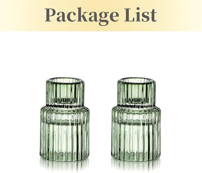Hewory Taper Candle Holders Bulk, 2PCS Green Glass Candlestick Holders | For 0.86" Taper Candles, Ribbed, Vintage Candle Sticks Holder Decor, Wedding Table Centerpiece Bridal Showers Christmas Home