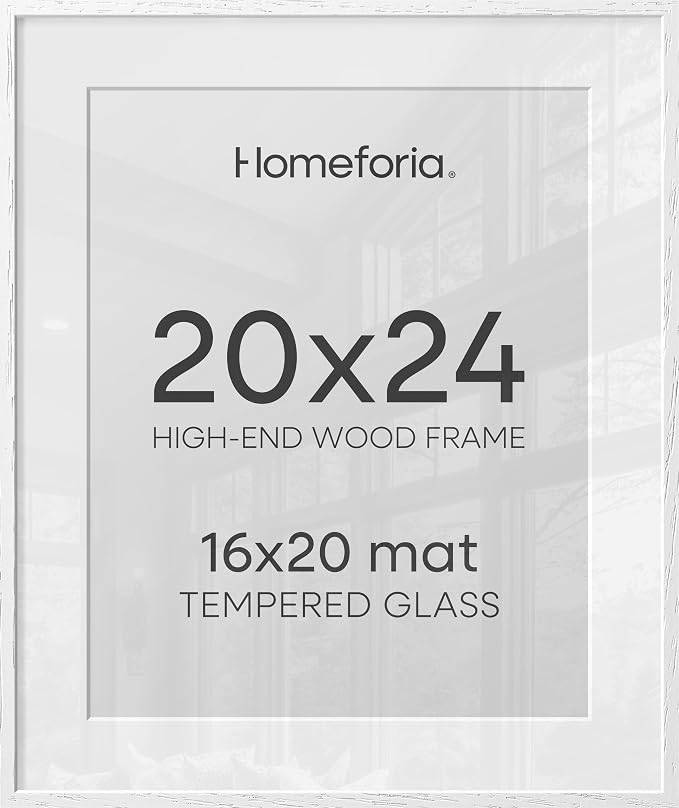 Homeforia 20x24 White Oak Picture Frame, High-End Wood, 16x20 Mat, Glass