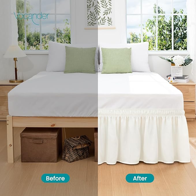 Vocander Cream Full Bed Skirt 14 Inch Drop, Elastic Wrap Dust Ruffle | Hides Underbed Storage, No Mattress Lifting, Elastic Stays Put, Soft Fabric, Machine Washable, Polished Look