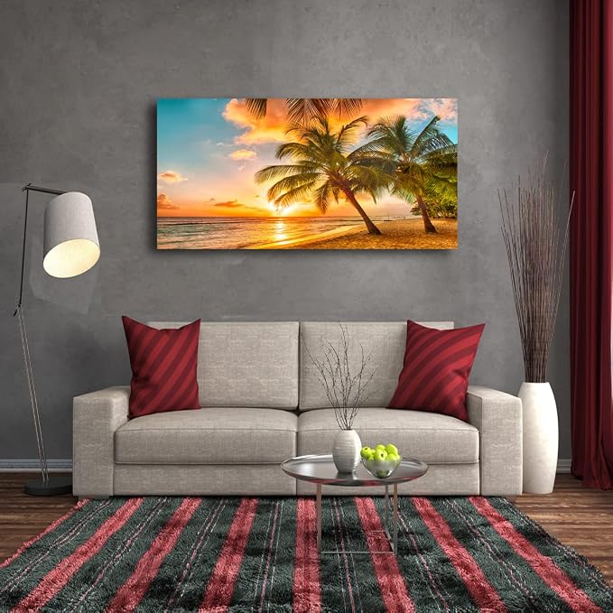 Beach Themed Wall Art Canvas Prints Seascape Picture Bathroom Décor Ocean Tree Sunset Paintings for Living Room Bedroom Office Home Kitchen Decorations 24x48 Wooden Framed Natural Landscape Artwork