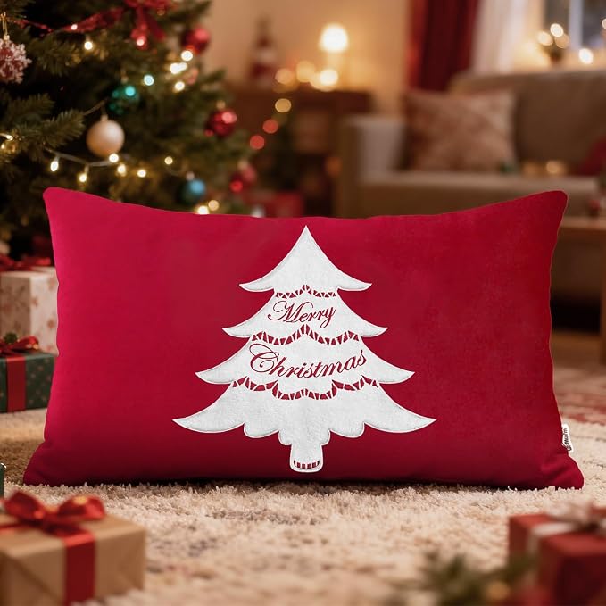 BRAWARM Christmas Pillow Cover 12 X 20 Inches, Christmas Red Christmas Tree Embroidered Lumbar Pillow Cover, Soft Velvet Decorative Throw Pillow for Couch Bed Sofa Living Room Home