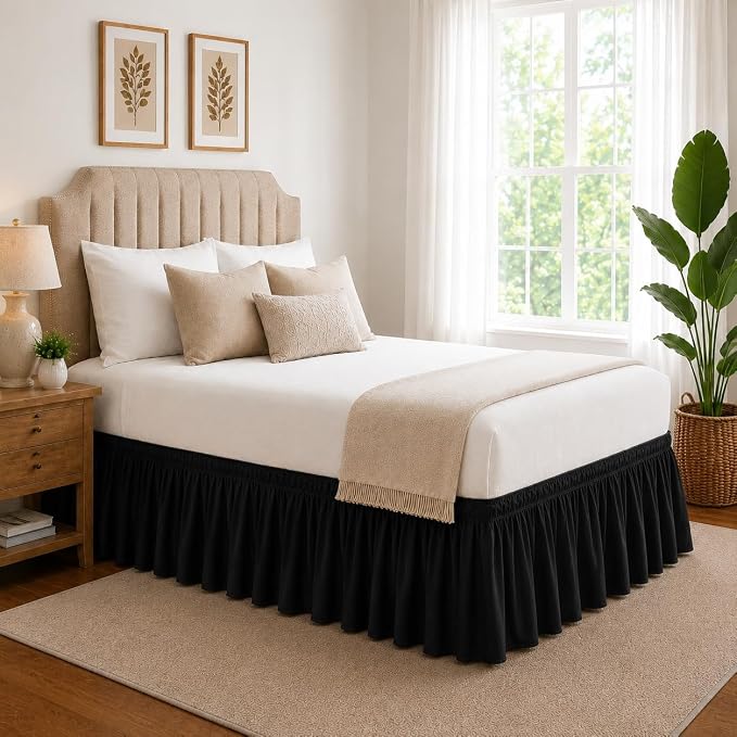 Black Bed Skirt King Size 15 Inch Drop, Elastic Wrap Around Bedskirt | Solid Ruffled, Easy to Use, No Mattress Lifting, Wrinkle & Fade Resistant, with Adhesive Strips, Machine Wash/Dry/Iron