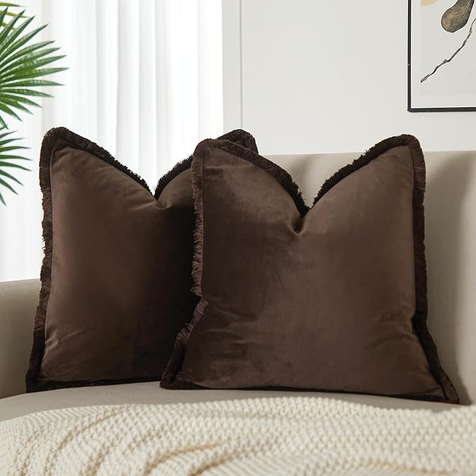 JUSPURBET Pack of 2 Coffee Decorative Fringe Velvet Throw Pillow Covers 26x26 for Home Decor Living Room Bedroom Car Boho Soft Cushion Cover with Hidden Zipper Machine Washable