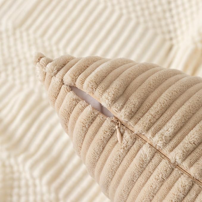 Kevin Textile Striped Corduroy 24”x24” Pillow Covers 2 Pack, Beige