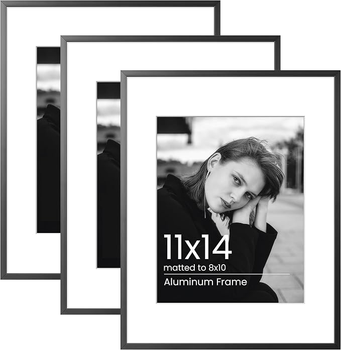 11x14 Picture Frame Black, Aluminum Metal 11 x 14 Frame with Removable Mat, 11 by 14 Black Photo Frame Matted to 8x10 Photo, Real Tempered Glass for Home and Office Gallery Wall, 3 Pack