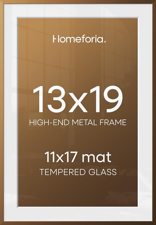 Homeforia 13x19 Bronze Picture Frame, High-End Metal, 11x17 Mat, Glass