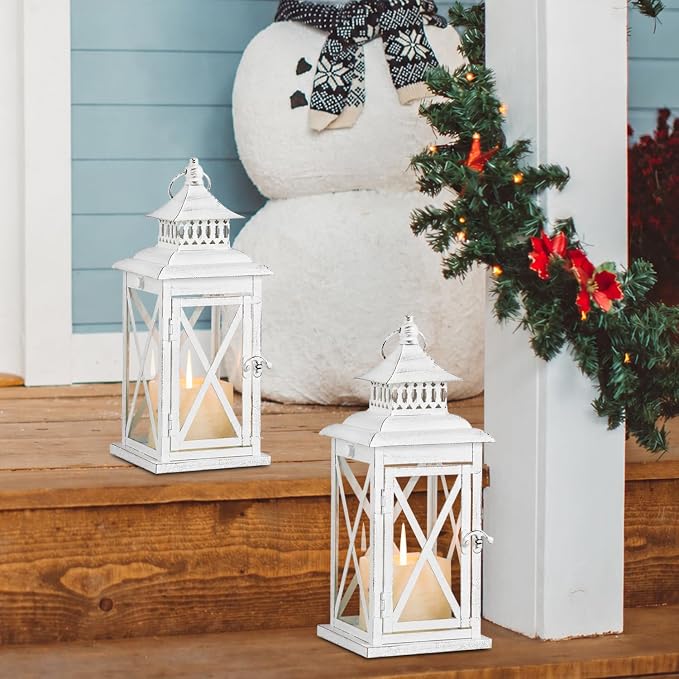 Lantern Decorative Indoor & Outdoor, 2 PCS 14.8''H Large Square Hanging Spring Home Decor, Vintage Metal Decorative Candle Lanterns for Outdoor Patio Wedding Party (White with Black Brush)
