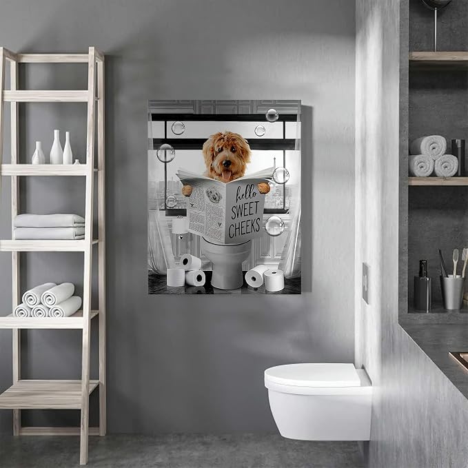 Funny Black and White Dog Wall Art - Farmhouse Bathroom Animals Wall Decor - Dog Sitting in Toilet Reading Newspaper Painting - Framed Artwork 12x16 inch