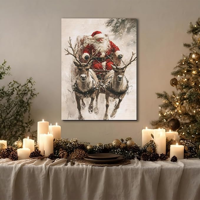 FLZYKGPA Vintage Santa in Sleigh with Reindeer Canvas Art 16x24, Framed Classic Christmas Wall Art for Holiday Decor, Cozy Winter Snow Scene Nature Wall Decor for Living Room Kitchen Office