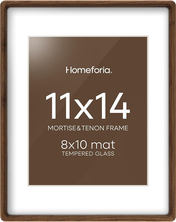 Homeforia 11x14 Mortise&Tenon Walnut Picture Frame, 8x10 Mat, Glass
