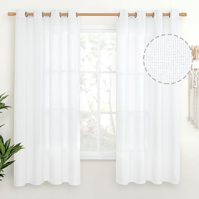 YoungsTex White Linen Curtains 68 Inch Length for Living Room 2 Panels | Semi Sheer Drapes with Bronze Grommet Privacy for Office Bedroom Light Filtering, 52 x 68 Inch