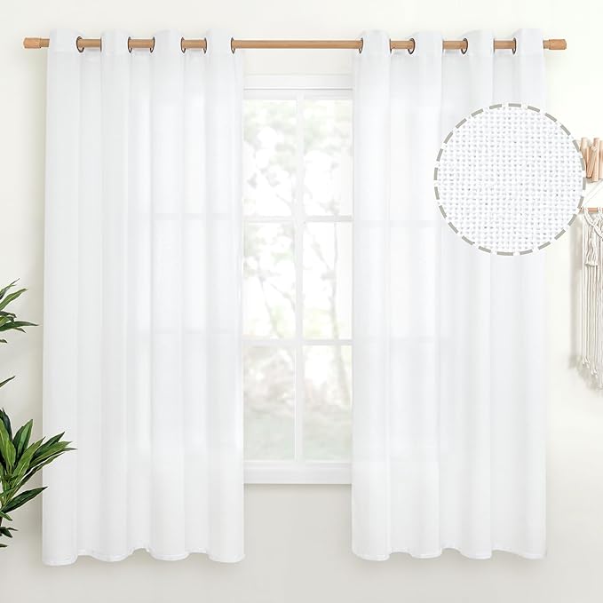 YoungsTex White Linen Curtains 63 Inch Length with Grommet 2 Panels | Light Filtering Semi Sheer Drapes Privacy for Bedroom Living Room Window, 52 X 63 Inch