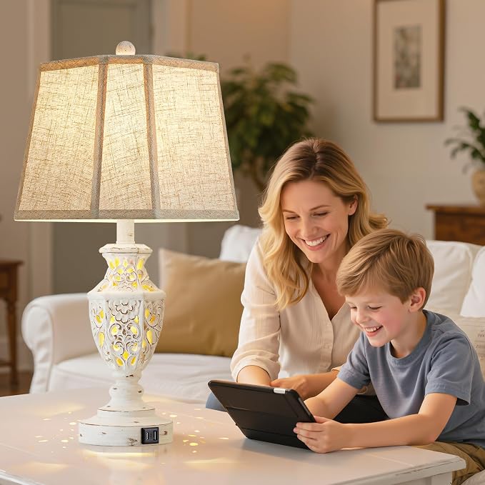 EJIAXIN Lamps for Night Stands Set of 2-23.5" Boho Bedside Lamp with USB A+C and Nightlight - Cream Rustic Carved Resin Farmhouse Table Lamp for Bedrooms, End Tables, Living Room, Bulbs Included