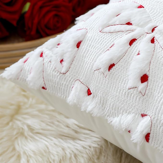 Artscope Valentines Bow Pillow Covers 12x20 Set of 2 Decorative Valentine's Day Throw Pillow Cases Soft Plush Faux Fur Couch Cushion Case for Holiday Sofa Bed Room Home Decor-White Bow
