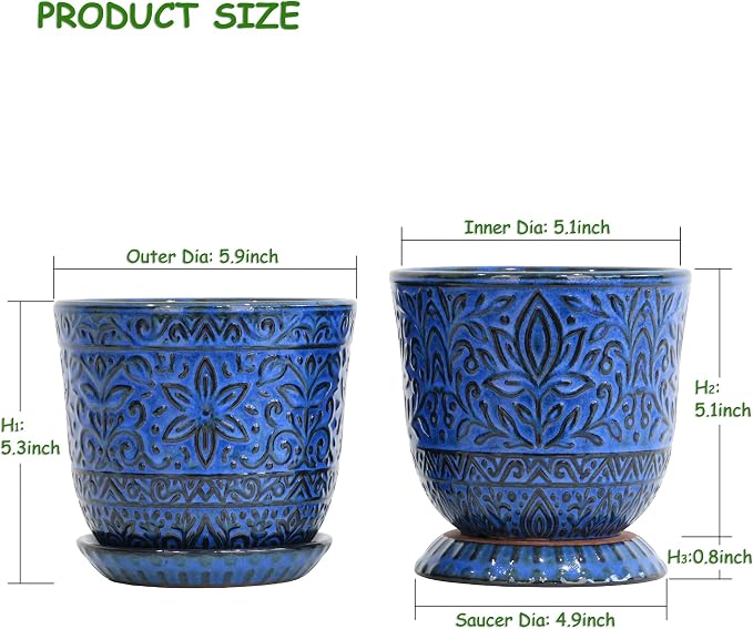 Gepege Ceramic Plant Pots, 6 Inch Indoor Planters with Drainage & Saucers | Ceramic pots for plants with drainage holes, ceramic saucers and mesh pads, ideal for flowers, herbs and succulents, set of 2