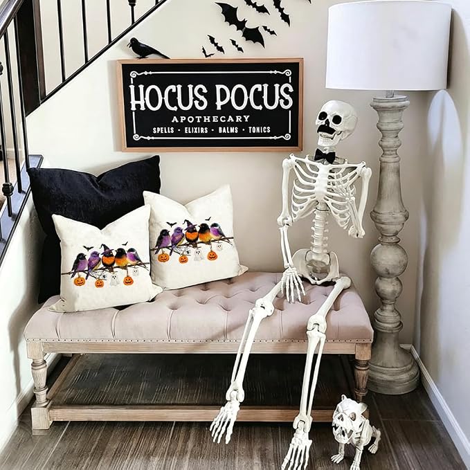 RABUSOFA Halloween Pillow Covers 20x20 Inch Halloween Decorations Outdoor | Watercolor Birds,Waterproof,Spooky Ghost Pumpkin Bat Halloween Decor,Supplies Accessories for Home Couch Party Patio