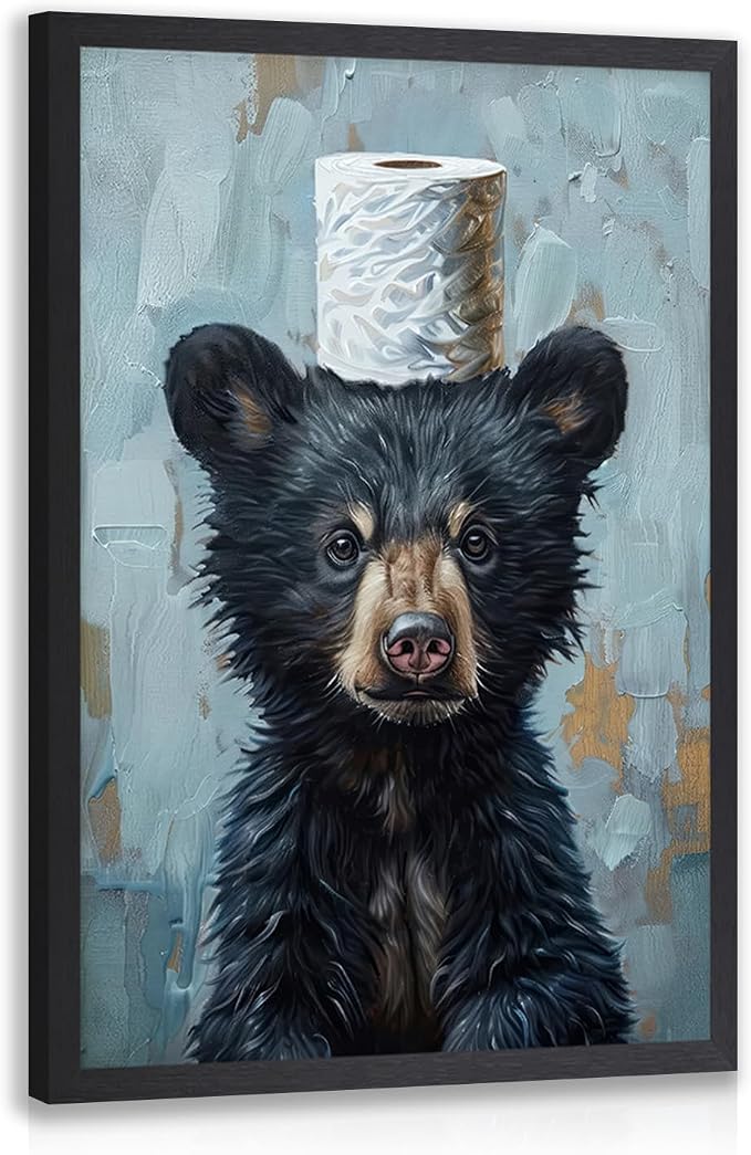 LLEEMPI Funny Black Bear Toilet Paper Bathroom Wall Art,16x24 Framed Print | Vintage blue and black rustic humor decor for restroom, hallway or cabin; housewarming gift for bear and animal lovers.