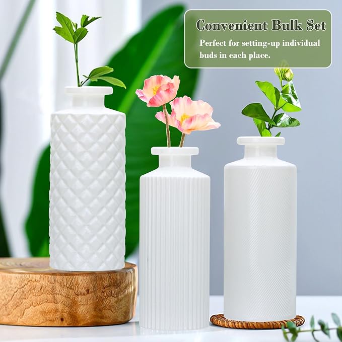 Glass Bud Vase Set in Bulk, 9pcs Mini White Vintage Flower Vases | Vases for Wedding,White Relief Small Vase for Centerpieces,Home Table Flower Decor, Party Decorations