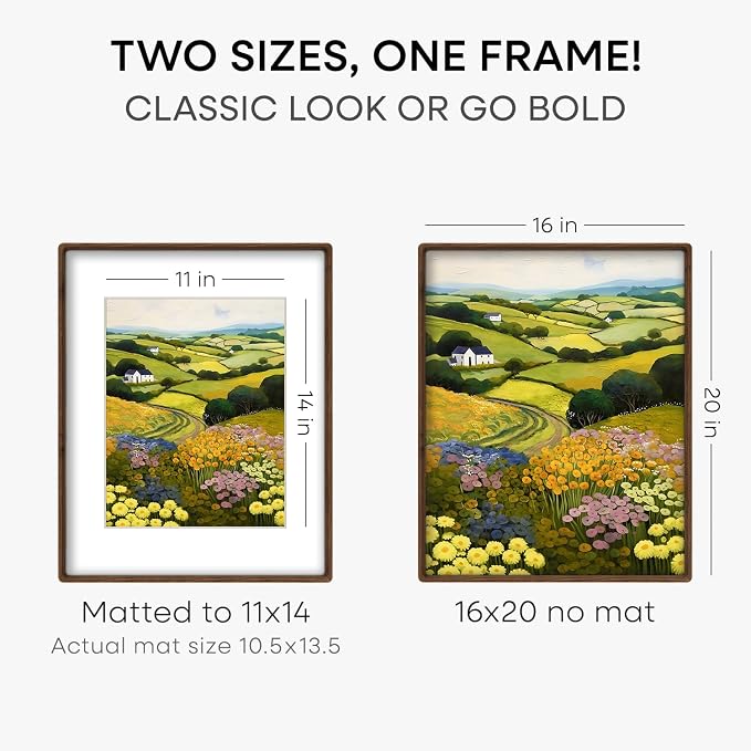 Homeforia 16x20 Mortise&Tenon Walnut Picture Frame, 11x14 Mat, Glass