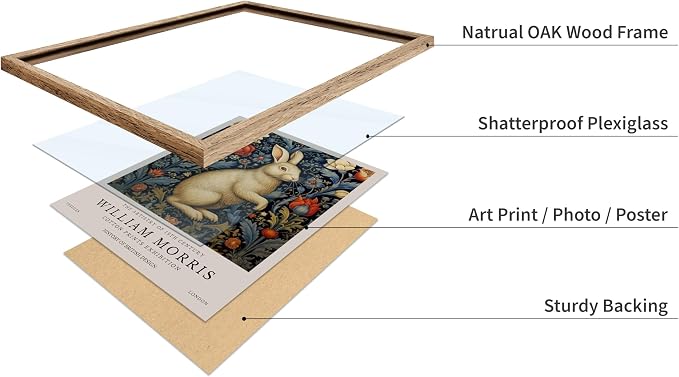Poster Master William Morris Poster - White Rabbit Print - Flower Art - Animal Illustration - Floral Illustration - Bunny Illustration - Great Office or Bedroom Decor - 8x10 Beige Framed
