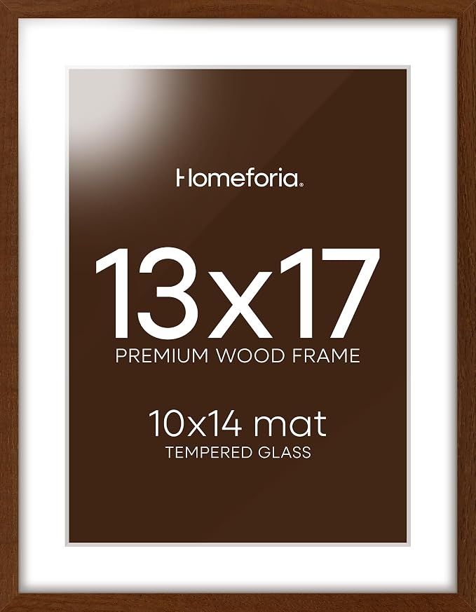 Homeforia 13x17 Brown Oak Picture Frame, High-End Wood, 10x14 Mat, Glass