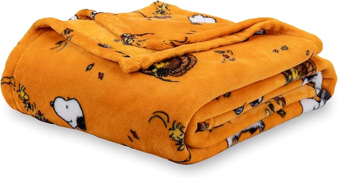 Berkshire Blanket Peanuts® VelvetLoft® Cute Character Snoopy Plush Blanket,Snoopy and Woodstock Fall Birds & Leafs Orange,Twin 60 in x 90 in (Official Peanuts® Product)