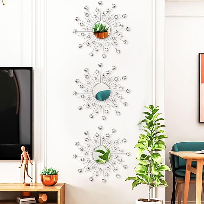 Uaussi 3 Pack Crystal Sunburst Wall Mirror Décor Rhinestone Mirrors Decorative Home Wall Art for Living Room Bedroom Entryway(Crystals Silver)