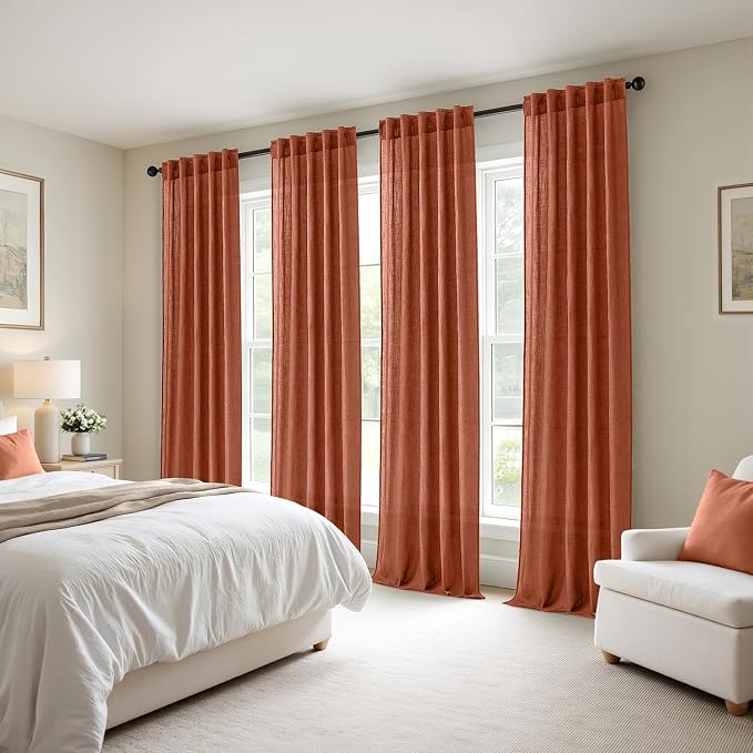 MIULEE Burnt Orange Fall Back Tab Linen Curtains 4 Panels 42W x 102L | Linen material, light filtering, rod pocket back tab hanging, farmhouse decor for living room bedroom