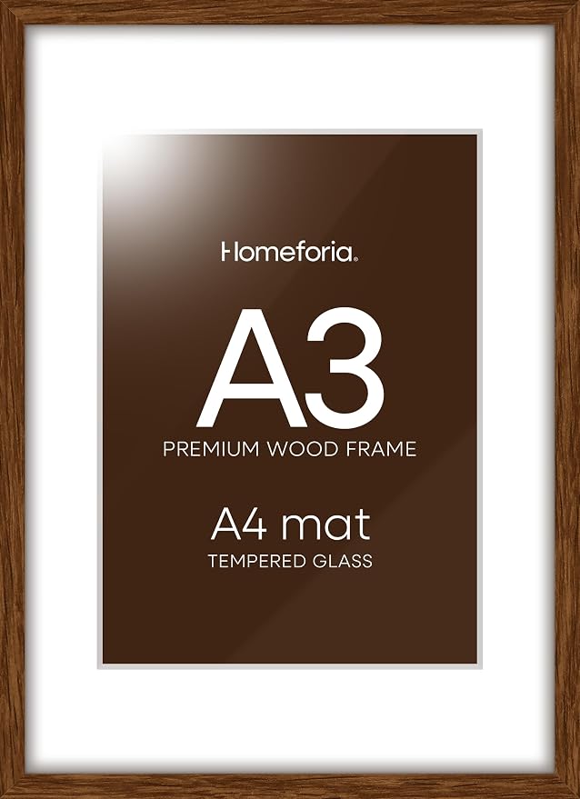 Homeforia A3 Brown Oak Picture Frame, High-End Wood, A4 Mat, Glass