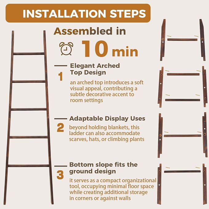 Sintuff Tapered Blanket Ladder for Living Room, 5.5ft Wooden Blanket Rack, 5-Tier Natural Leaning Tapered Ladder Shelf for Farmhouse Bedroom Living Room Bathroom Decor, Walnut Brown