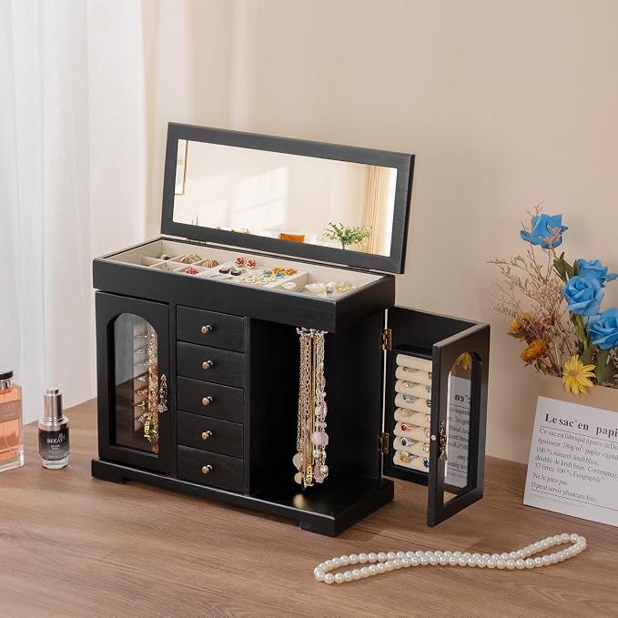 Miratino Jewelry Box for Women Girls, Wooden Jewelry Organizer Box with Mirror, 5 Layer Jewelry Storage Case Display for Necklaces Earrings Rings Bracelets Valentine's Day Gifts