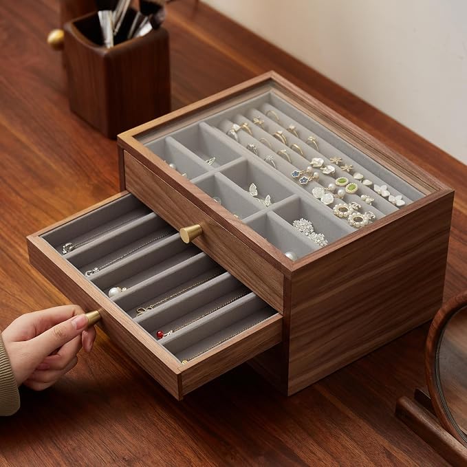 Black Walnut Jewelry Organizer, 3 Layer | Wooden Jewelry Box, For Women, For Necklaces Ring Earring