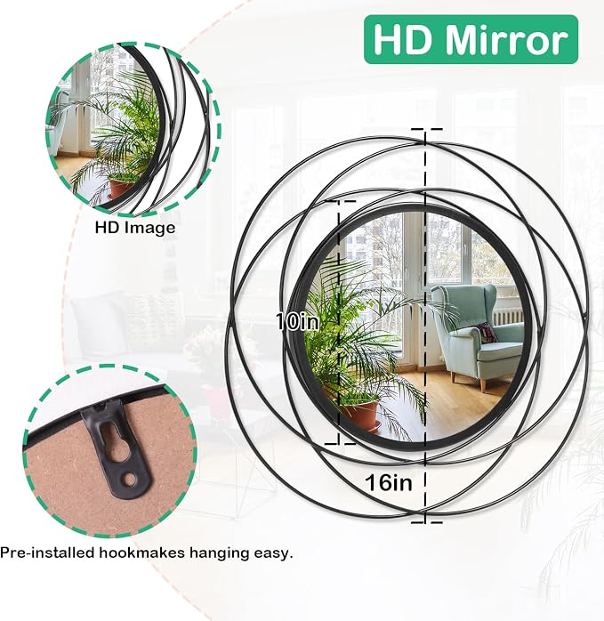 Black Circle Mirror Wall Decorative Metal Mirror Art Small Round Wall-Mounted Mirror Home Wall Decor for Bedroom Living Room Bathroom Entryway 16” x 16”