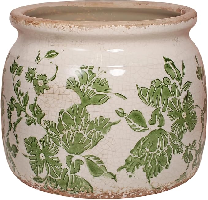 Tuscan Ceramic Indoor Plant Pot, Rustic Farmhouse Vase for Home Decor | 6.29'' Decoration Planter for Snake Plant, Pothos and Houseplant Pots, Vintage Office & Tabletop Decor, Gift for Mom (Green)
