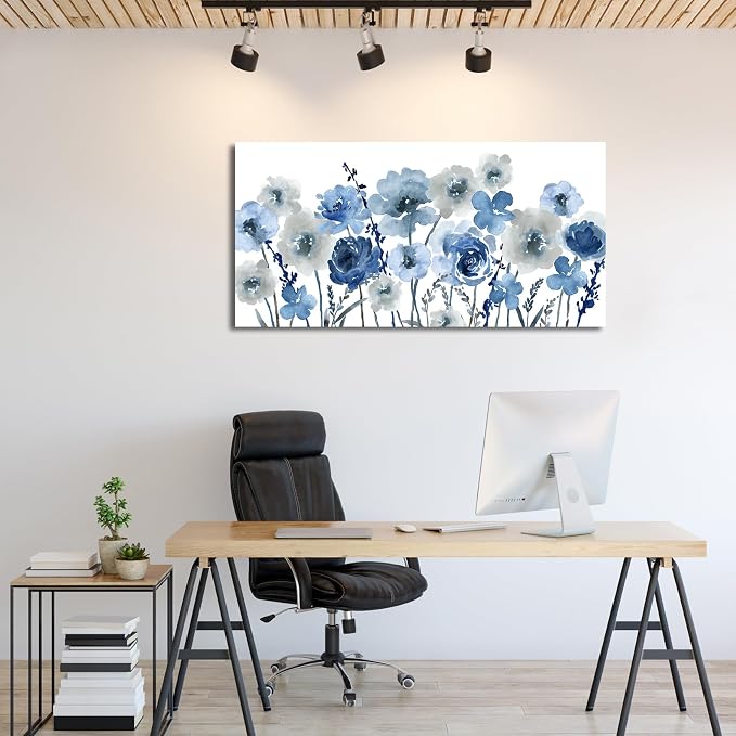VEAEE Flowers Canvas Wall Art - Indigo Floral Canvas Pictures Living Room Wall Decor Botanical Canvas Prints Painting Abstract Artwork Bedroom Office Home Decor 20"x 40"