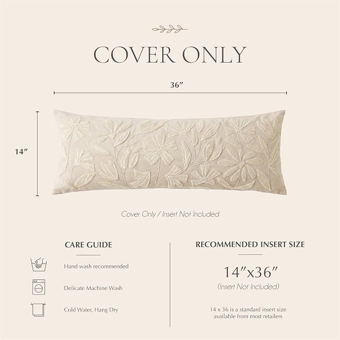 BlissBlush 14x36 Lumbar Pillow Cover for Bed, Rectangular Decorative Long Throw Pillowcase, Embroidered Farmhouse Accent Cushion, Beige Neutral Floral Tufted (Cover Only)