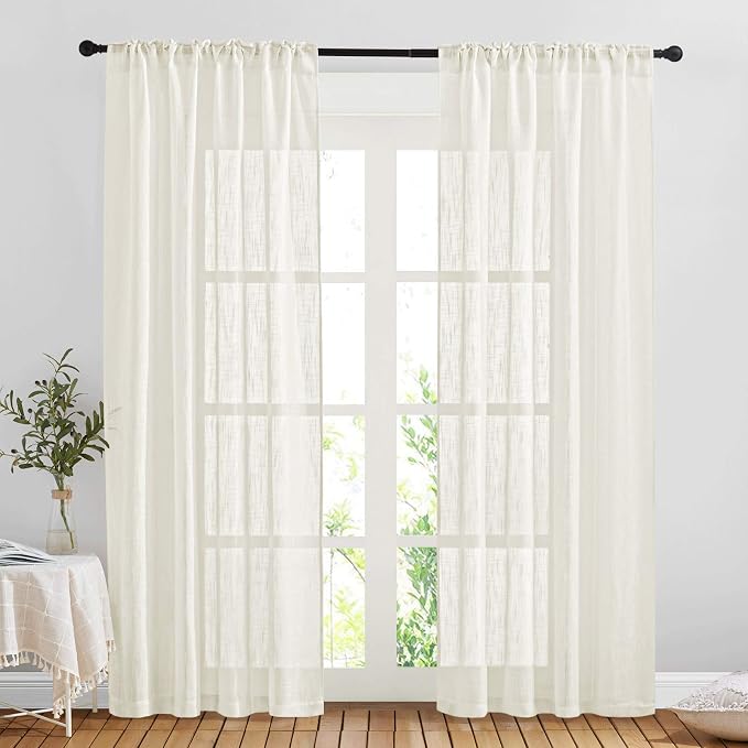 NICETOWN Semi Sheer Curtains Linen Blend Texture, Rod Pocket Back Tab Decorative Linen Sheer Drapes Window Treatment Privacy Curtains for Bedroom/Living Room/Nursery, W52 x L90, Natural, 2 Panels