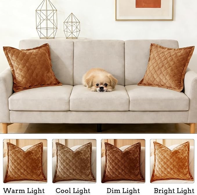 Throw Pillow Cover 18x18 1 Piece Velvet Square Pillowcase Soft Skin-Friendly Cross Process Decorative Farmhouse Cushion Covers for Couch Sofa Bedroom Living Room,Caramel