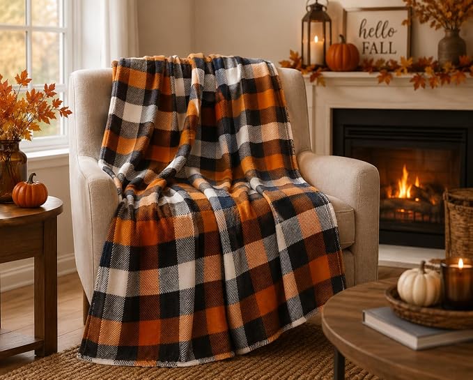 Serafina Home Fall Plaid Blanket Throw: Orange Black White Farmhouse Tartan Print on Velvet Fleece, 50" x 70" for Sofa Couch Bed Outdoor Events