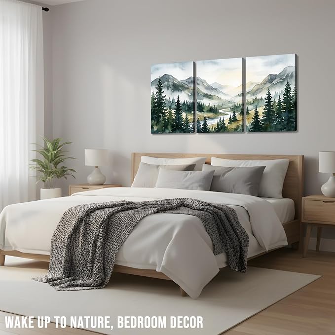 Large Forest Canvas Wall Art for Bedroom Living Room - 3 Piece Greenery Sunrise Mountain Landscape Pictures, Nature Wall Decor for Master Bedroom Office, Abstract Trees Painting Prints, Gallery Wrapped 16x24 Inch